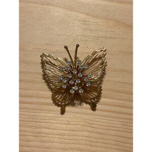 Vintage Monet Gold-Tone Butterfly Brooch Pin With Rhinestones